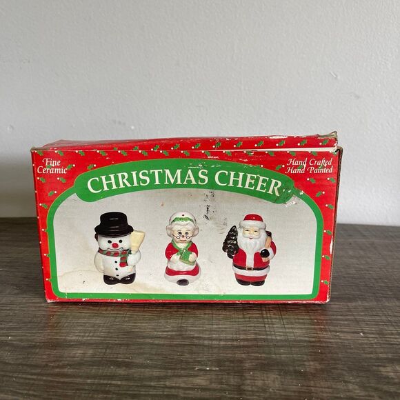Vintage Spirit of Christmas Ceramic Figurines Santa Mrs Santa Snowman in Box - Picture 1 of 8